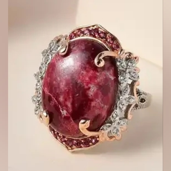 Norwegian Thulite Multi Gemstone Ring in Vermeil RG and Platinum O/Sterling Silv - Picture 5 of 8